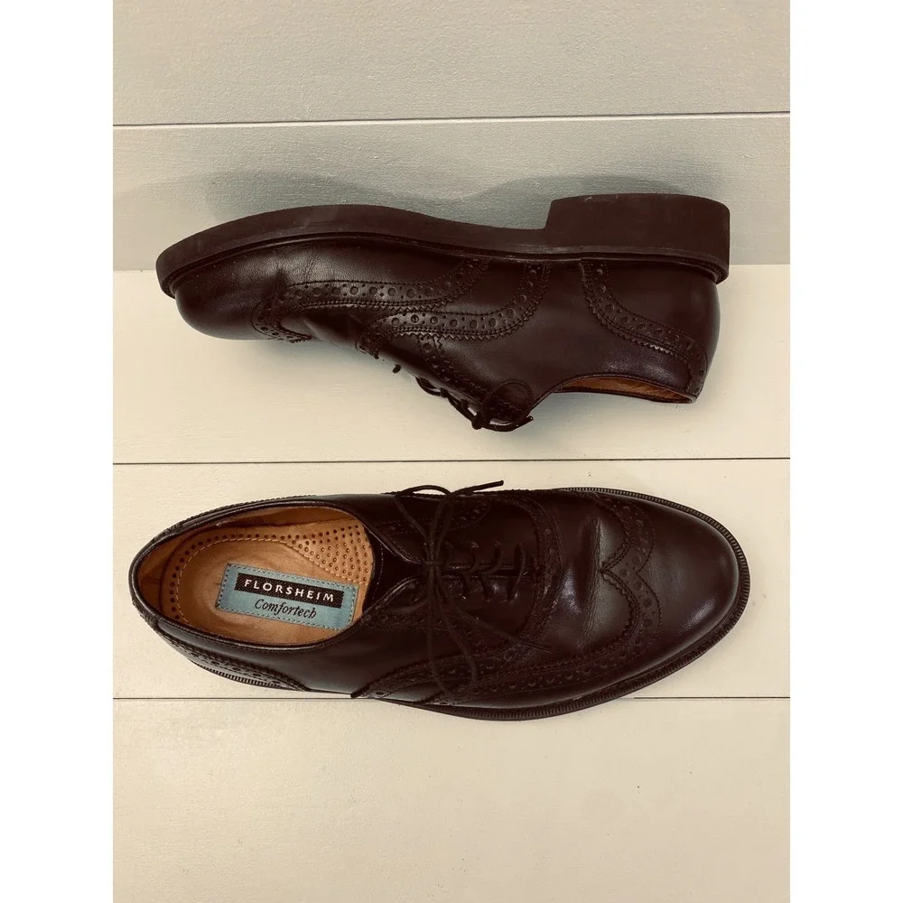 Florsheim Comfortech Wingtip Oxfords Shoes Mens 8 3E‎ Black Leather Vibram 20393
